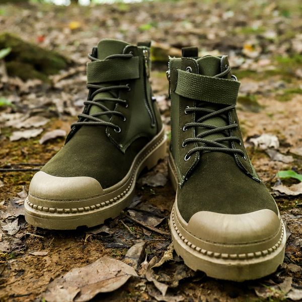 

winter men canvas shoes casual high tactical boots men outdoor fashion suede leather mens ankle work boots, Black