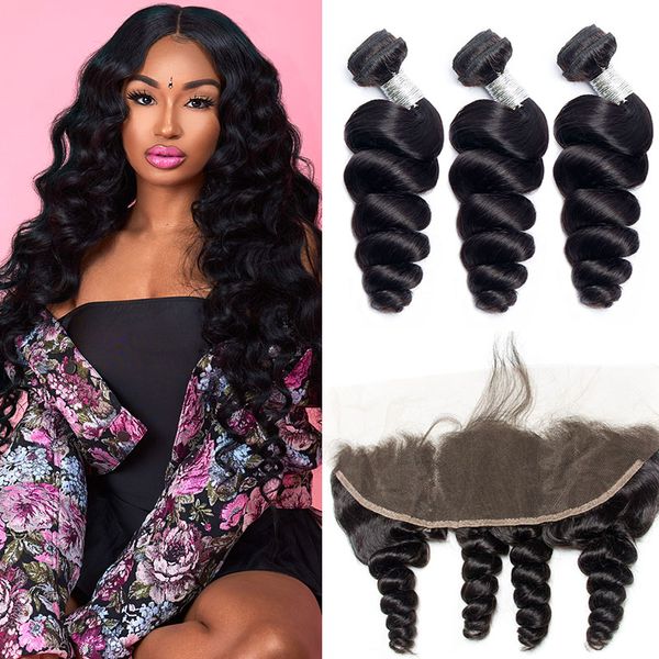 Peruvian Loose Wave 3 Bundles With Frontal Closure Remy Human Hair