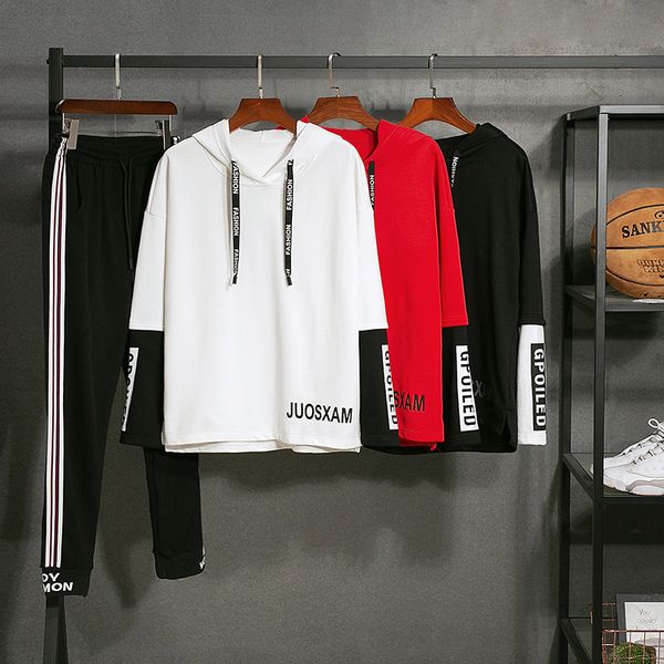 

2019 new arrival men's hoodie two-piece set fake two hoodies and trousers male spring leisure sports suit, Gray