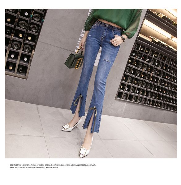 

blue gray bootleg jeans female kz pearl nail bead