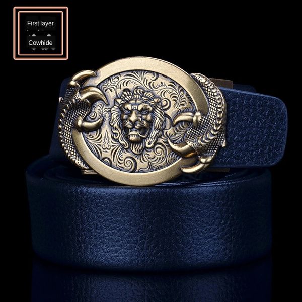 

n90wg men's leather automatic buckle lion head antique men's leather automatic buckle layer cowhide belt young and middle-aged per, Black;brown