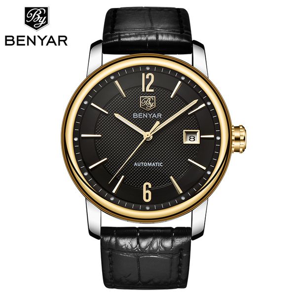 

benyar men's mechanical watch simple luxury business brand leather watch chronograph calendar waterproof men's sports, Slivery;brown