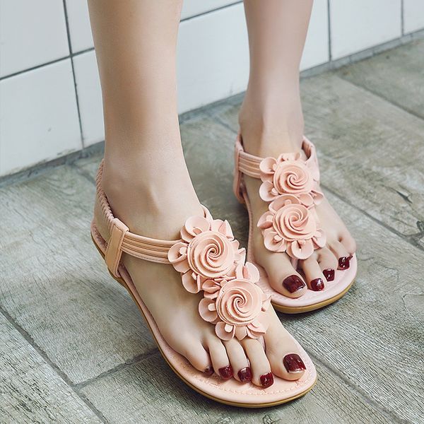 

woman sandals women shoes new summer plus size 36-42 comfortable women's sandals flowers flat with thong gladiator flat, Black