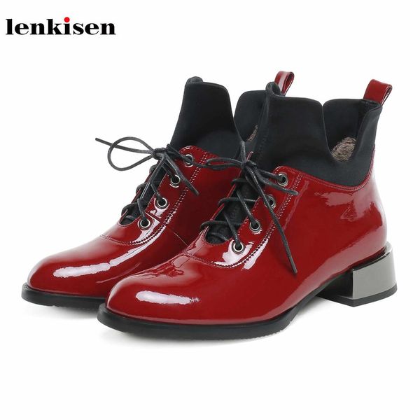 

lenkisen genuine leather mixed colors med heels round toe preppy style lace up metal heels winter women warm ankle boots l5f3, Black