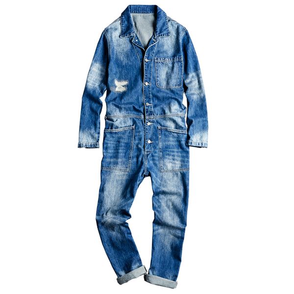 

sokotoo men's long sleeve patchwork ripped denim jean jumpsuits loose hip hop coveralls youth overalls, Blue