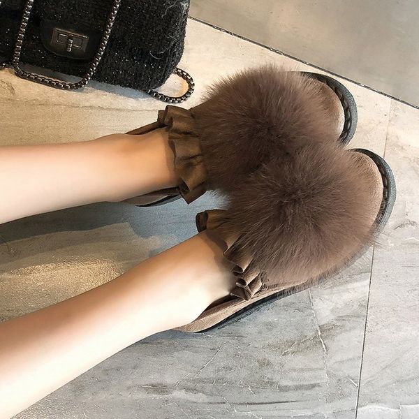 

round toe fashion winter women fur loafers plush slip on flock shallow warm flats shoes solid casual concise women shoes, Black