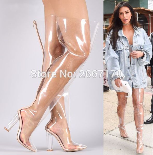 

botte femme 2019 pointed toe clear block heel transparent thigh high boots perspex jelly shoes women over the knee rain booties, Black