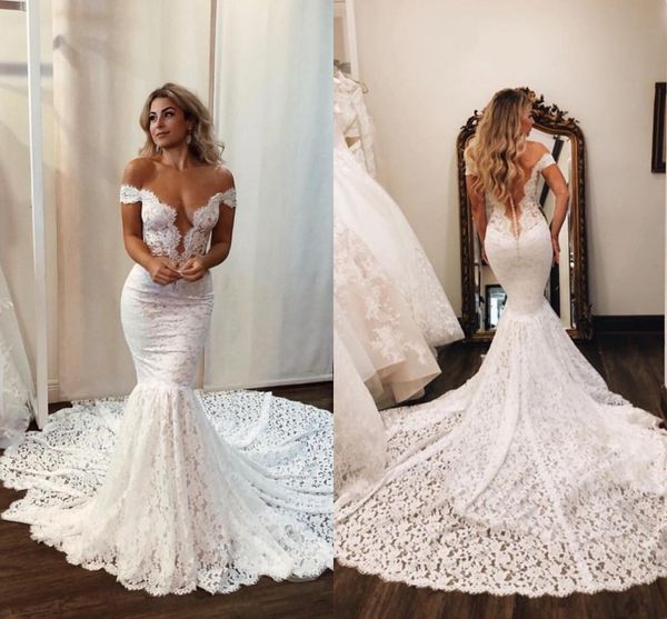 

vintage 2019 white wedding dresses off shoulder lace bridal gowns sweep train button back mermaid wedding dress cheap