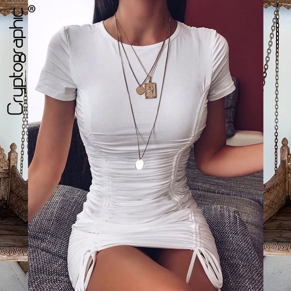 

cryptographic 2019 autumn fashion solid short sleeve round neck dress female drawstring ruched mini dress bodycon dress clubwear, Black;gray