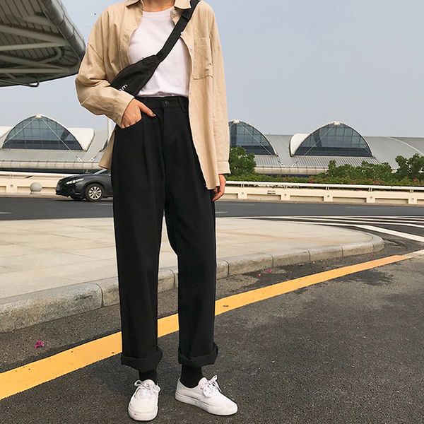 

aprilgrass brand designer women loose high waist leisure full-length wide leg jean korean style simple womens trendy harajuku daily chic, Blue