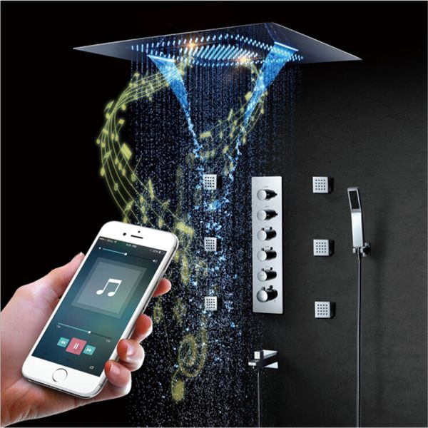 2019 Bluetooth Music Showerhead Led Ceiling Light Shower Music Waterproof Speaker Waterfall Rainfall Showerhead Misty Bathroom Showers 60 80cm From