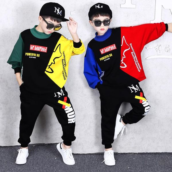 

2 sets children's clothing autumn and winter new jacket boy stitching round neck sweater trousers hip hop clothing leisure sports, White