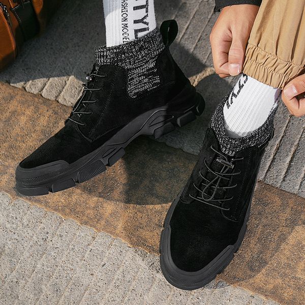 

2019 new brand men's snow boots winter warm men's socks boots lace-up non-slip autumn and winter work shoes, Black