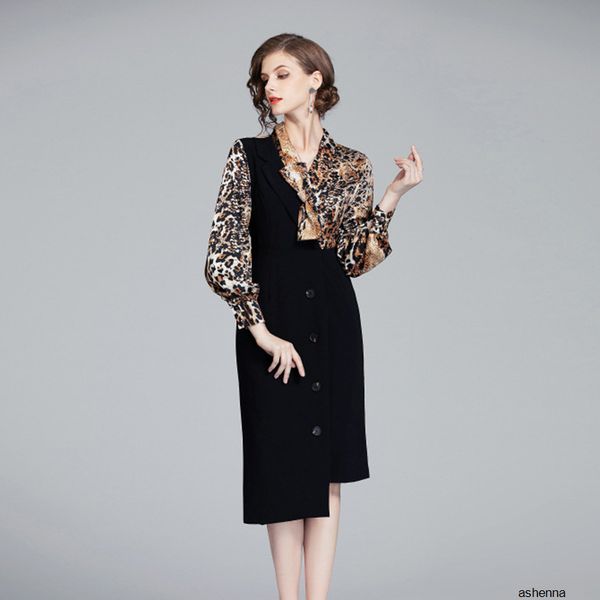 

womens designer chengzhao leopard stitching dress season slim v-neck irregular skirtrn7s, Black;gray