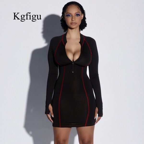 

kgfigu женщины с длинным рукавом платье 2019 лето черный bodycon vestidos сексуальные фитнес-платья сексуальные уличные костюмы наряды женск, Black;gray