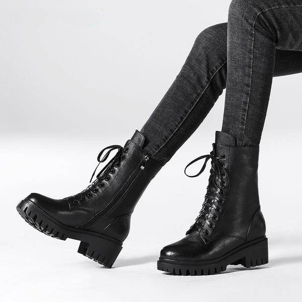 

genuine leather chunky heels boots women's shoes dropship platform boots shoes woman, Black