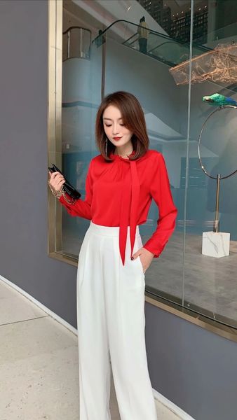 

2020 european and american new style office lady neckline pleated bow tie shirt, White