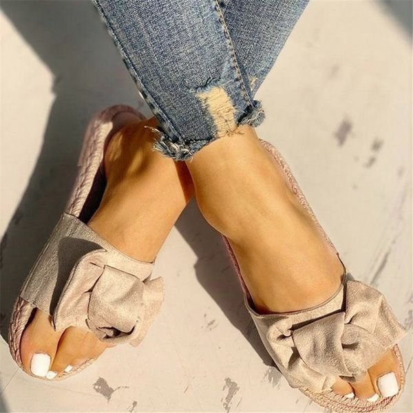 

slippers puimentiua women bow summer sandals indoor outdoor linen -flops beach shoes female flat drop, Black