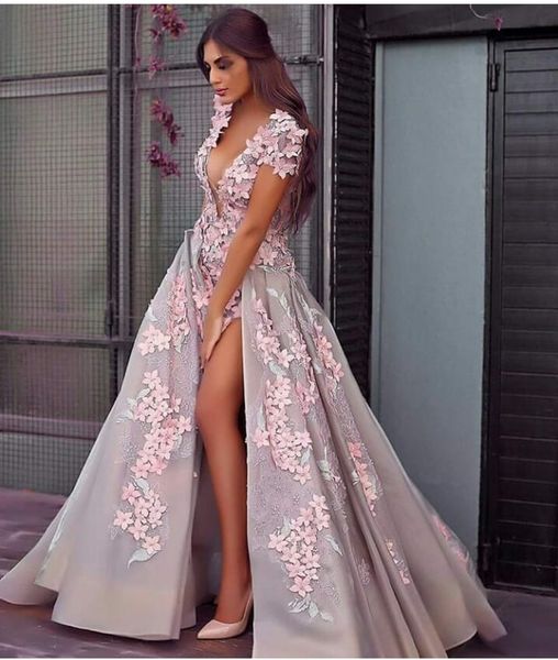 

2019 line пром платье v-образным вырезом с коротким рукавом розовый 3d цветочные кружева аппликация сплит низкая спина длинные вечерние плат, Black