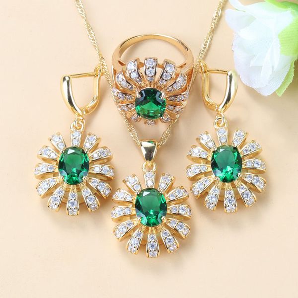 Big Flower Three Piece Jewelry Sets Green Cz Gold Color Earrings