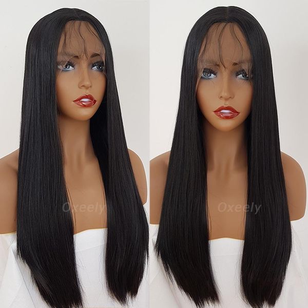 

24 дюймов черный парик фронта шнурка длинные волосы женские кружева фронтальный парик яки прямые синтетические кружева полностью волосы детс, Black