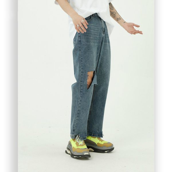 

мужской vintage fashion streetwear hip hop прямые брюки джинсовые брюки мужчины снежинки омывается hole casual jeans, Blue