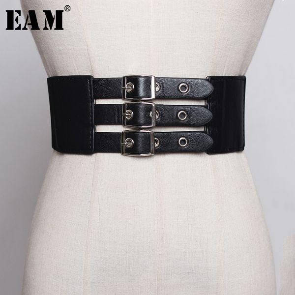 

eam] pu leather three elastic buckle wide long belt personality women new fashion tide all-match autumn winter 2019 1a548, Black;brown