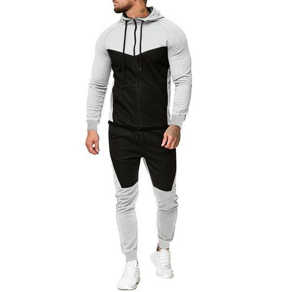 

mens spring autumn splicing zipper suit print pants sets sport tracksuit casual sport patchwork stylish fitness suit, Gray