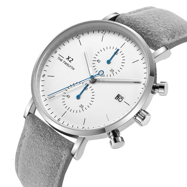 

x2 the twelfth fashion luxury casual brand mens watches waterproof quartz luminous hand date leather wristwatch for all men 2019, Slivery;brown