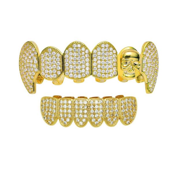 Hip Hop ouro Crânio Cor Prata Dentes Grillz Bling Bling para fora congelado Top fundo do dente dental Caps Set Para Homens Mulheres