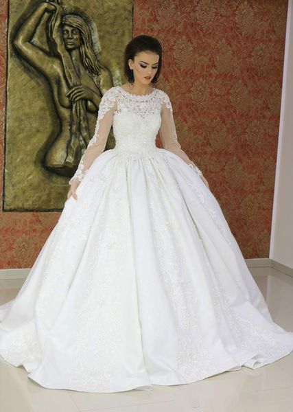 

2020 elegant ball gown wedding dresses long sleeve jewel neck satin lace appliqued garden country bridal gowns beads robes de mariÃ©e, White