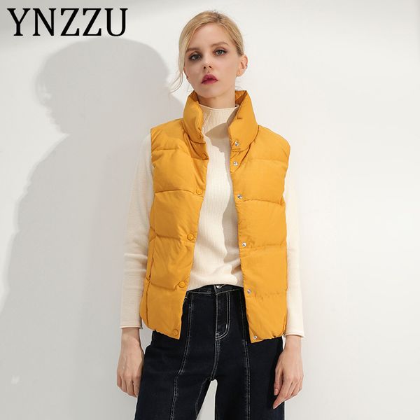 

ynzzu 2019 autumn winter women sleeveless down vest solid 90% white duck down jacket female stand collar warm waistcoat a1181, Black