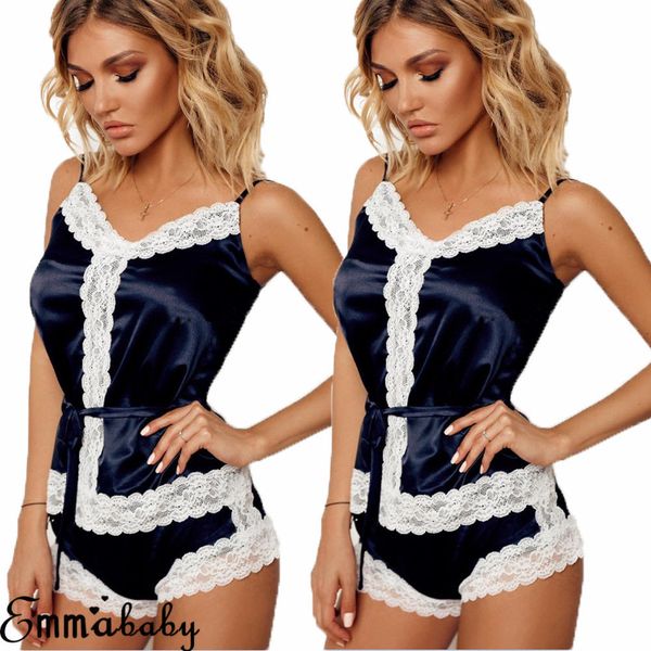 

brand new 2019 2pcs women summer navy satin lace sleepwear babydoll lingerie nightdress floral v-neck pajamas set, Blue;gray