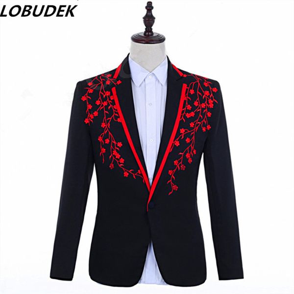 

2019 men's applique design suit jacket black-red floral embroidery blazers male singer host wedding groom dress slim coat tuxedo, White;black