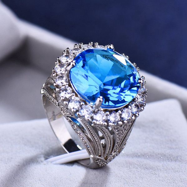 

women's big blue zircon stone ring silver plated wedding engagement promise crystal filled ring jewelry gifts, Slivery;golden