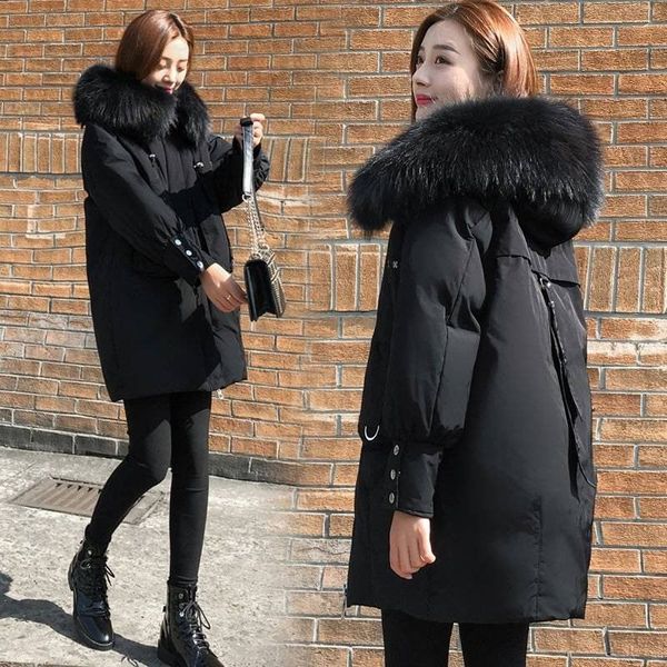

2019 new women winter real fur collar down long coat parka outerwear female thick warm 90% white duck down loose jacket l07, Black