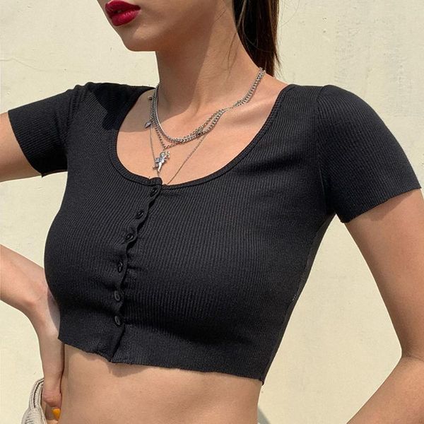 

lady crop button short-sleeve round neck ribbed summer solid colour party, White