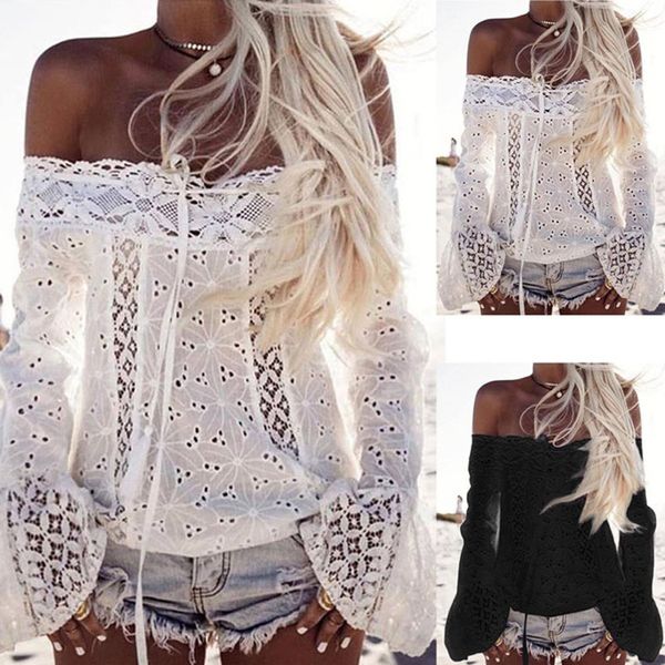 

women's blouses & shirts summer women off shoulder long sleeve lace loose blouse beach, White