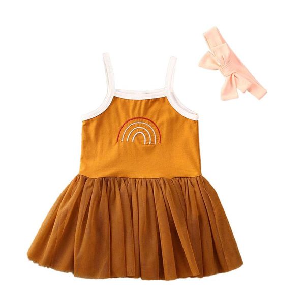 

kids baby girls dress summer 0-24m newborn infant sleeveless rainbow print tulle party dress headband 2pcs sundress, Red;yellow