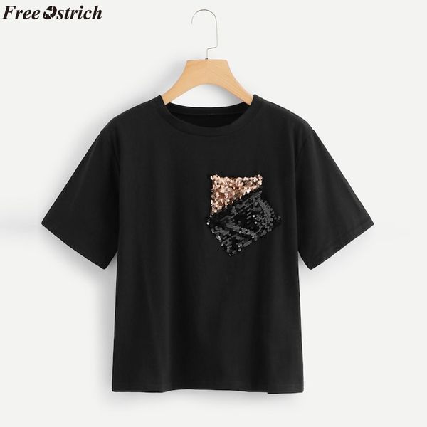 

ostrich women fashion sequins stitching o-neck t-shirt new ladies casual summer pocket short-sleeved t-shirt plus size, White