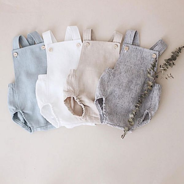 

ins designer baby baby girl boy romper clothes solid yellow blue button summer linen newborn belt jumpsuit newborn romper onesies
