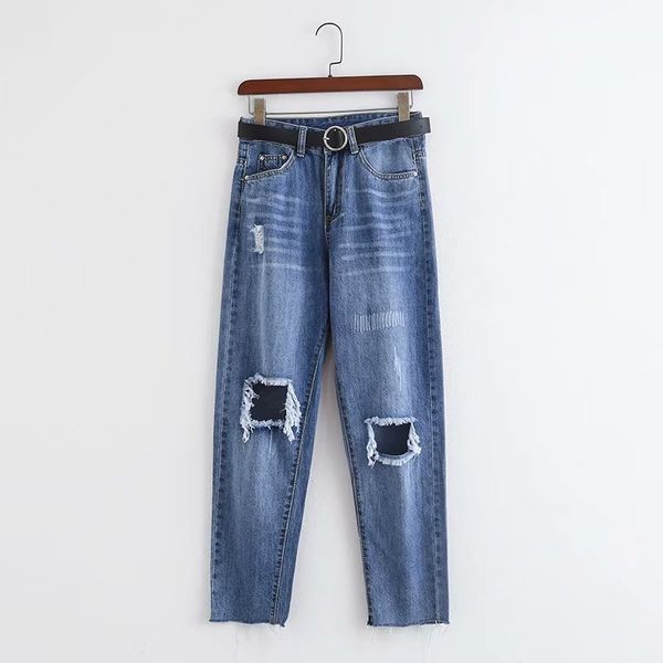 

fashion new qq53-1993 european and american fashion jeans with holes in waistband, Blue