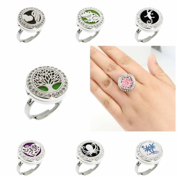 

tree of life frog gecko 20mm stainless steel rhinestone diffuser locket ring adjustable perfume locket ring women 10pcs pads, Silver