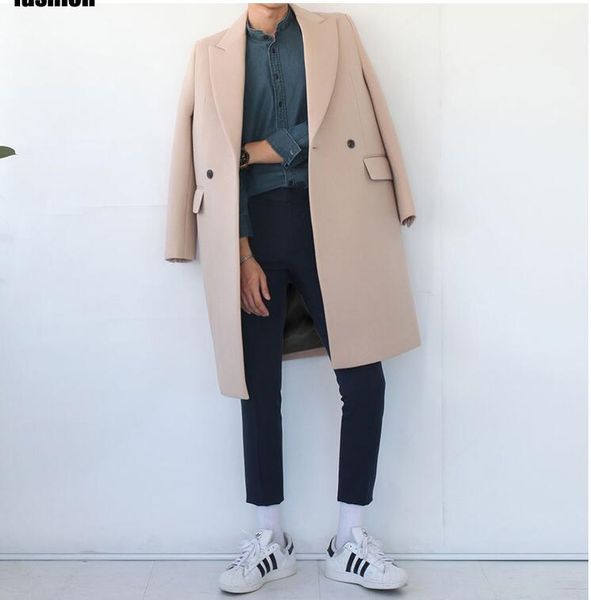 

fast delivery men cashmere coat autumn winter trench long jacket turn-down collar casual jaqueta masculino m-xxl 2 colors, Black