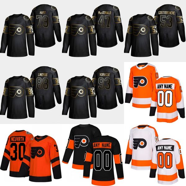 

93 Jakub Voracek 2019 Golden Edition Philadelphia Flyers 88 Eric Lindros 79 Carter Hart 53 Shayne Gostisbehere 47 Andrew MacDonald Jersey