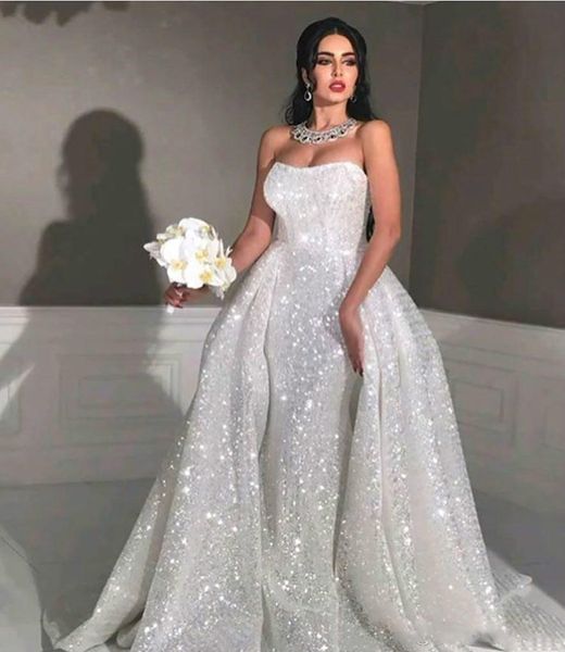 Lantejoulas completas Plus size overskirt país vestido nupcial glitter sereia estilo árabe vestidos de casamento com trem destacável strapless sweethear