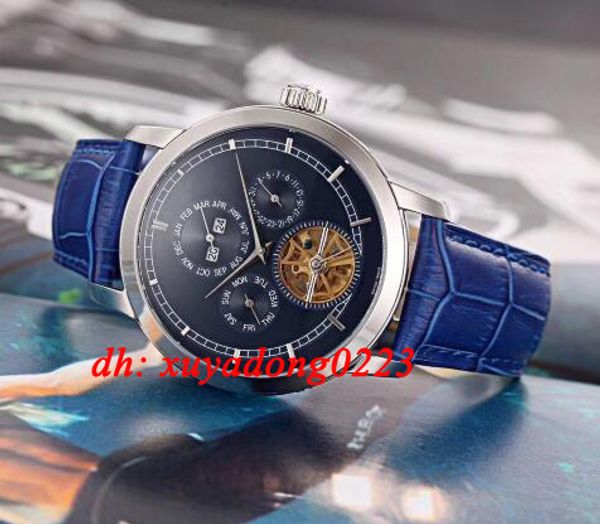 

новый 82s0 движение сапфир автоматическая moon phase мужские часы стальной корпус кожаный ремешок высокого качества гентские часы, Slivery;brown