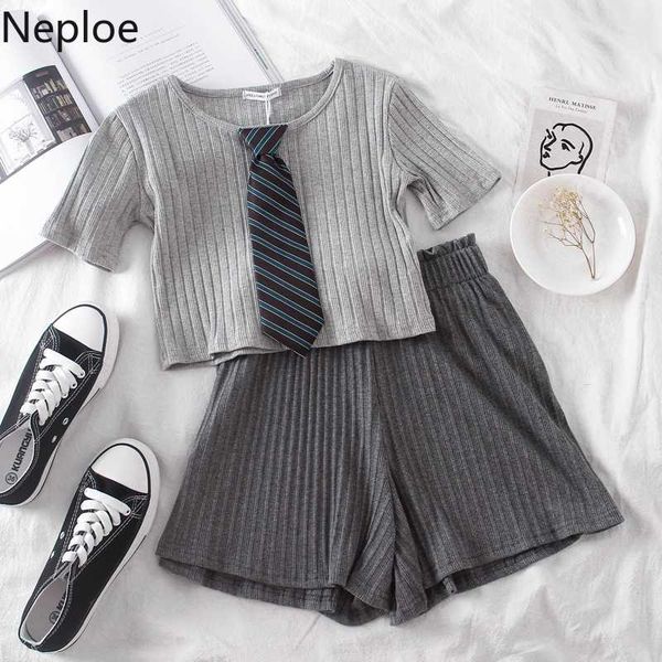

neploe women two pieces sets short sleeve o-neck tie patchwork + stretch high waist wide leg shorts outfits 2020 new 4b964, White