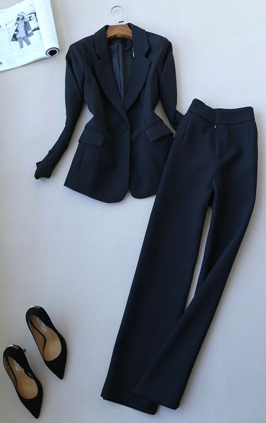 

women's suits pants set 2019 winter professional solid color ladies jacket blazer elegant wide-leg pants two-piece, White;black