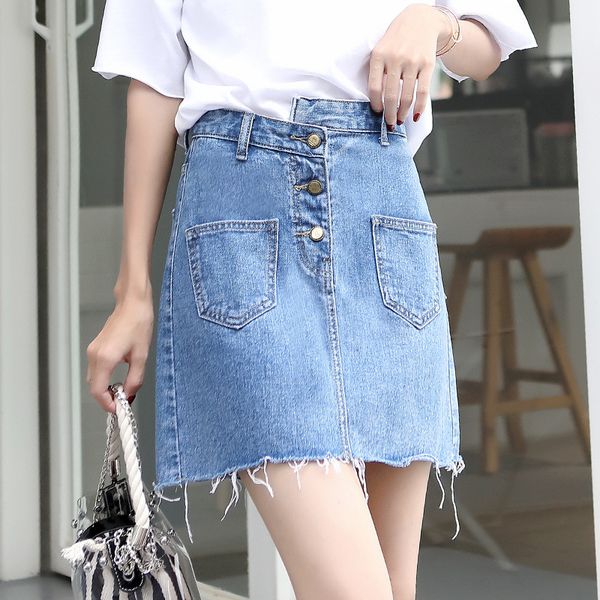 

girls cute wash denim skirt women new european style streetwear irregular single breasted skirt with pockets female retro skirts, Black